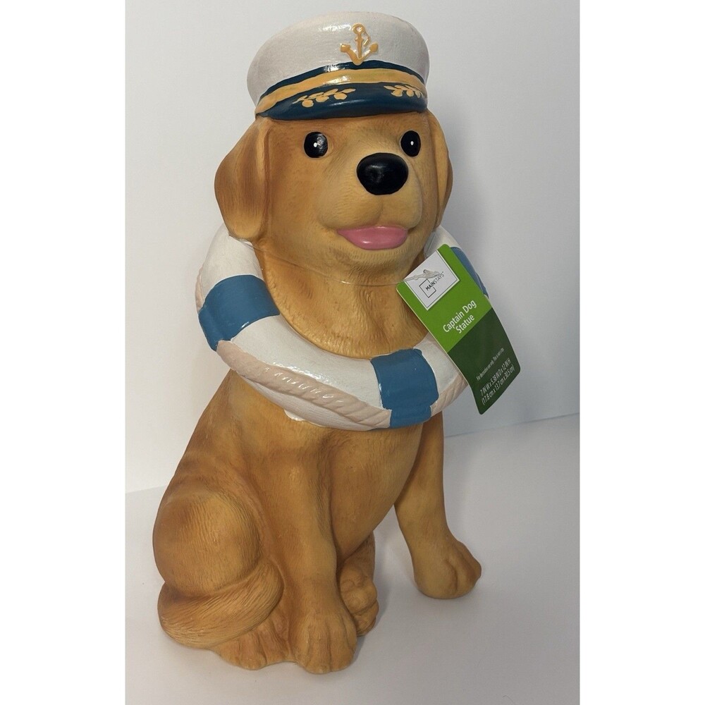 Nautical Captain Dog Outdoor Statue Coastal Garden Decor Seaside Patio Resin 12"
